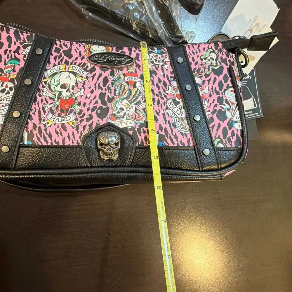 NWT Ed Hardy pink‎ leopard tattoo baguette bag